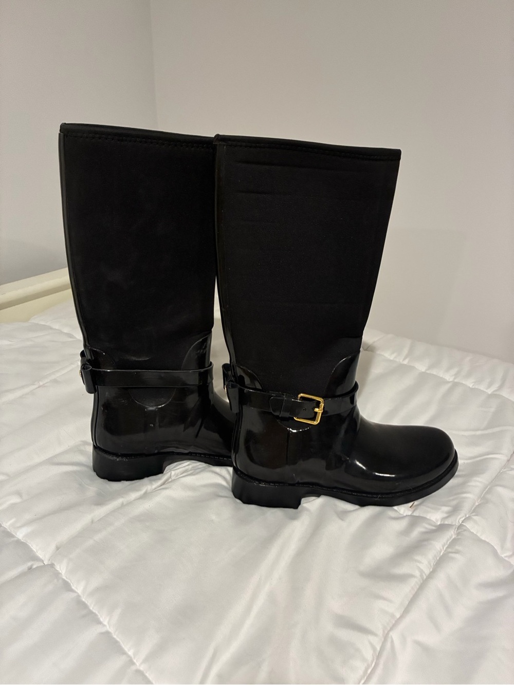 kate spade Black Glossy Mid-Calf Rain Boots with Gold Buckle